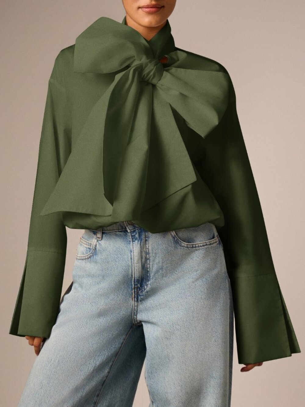 Army Green Elegant Women's Oversized Bow Tie Neck Blouse